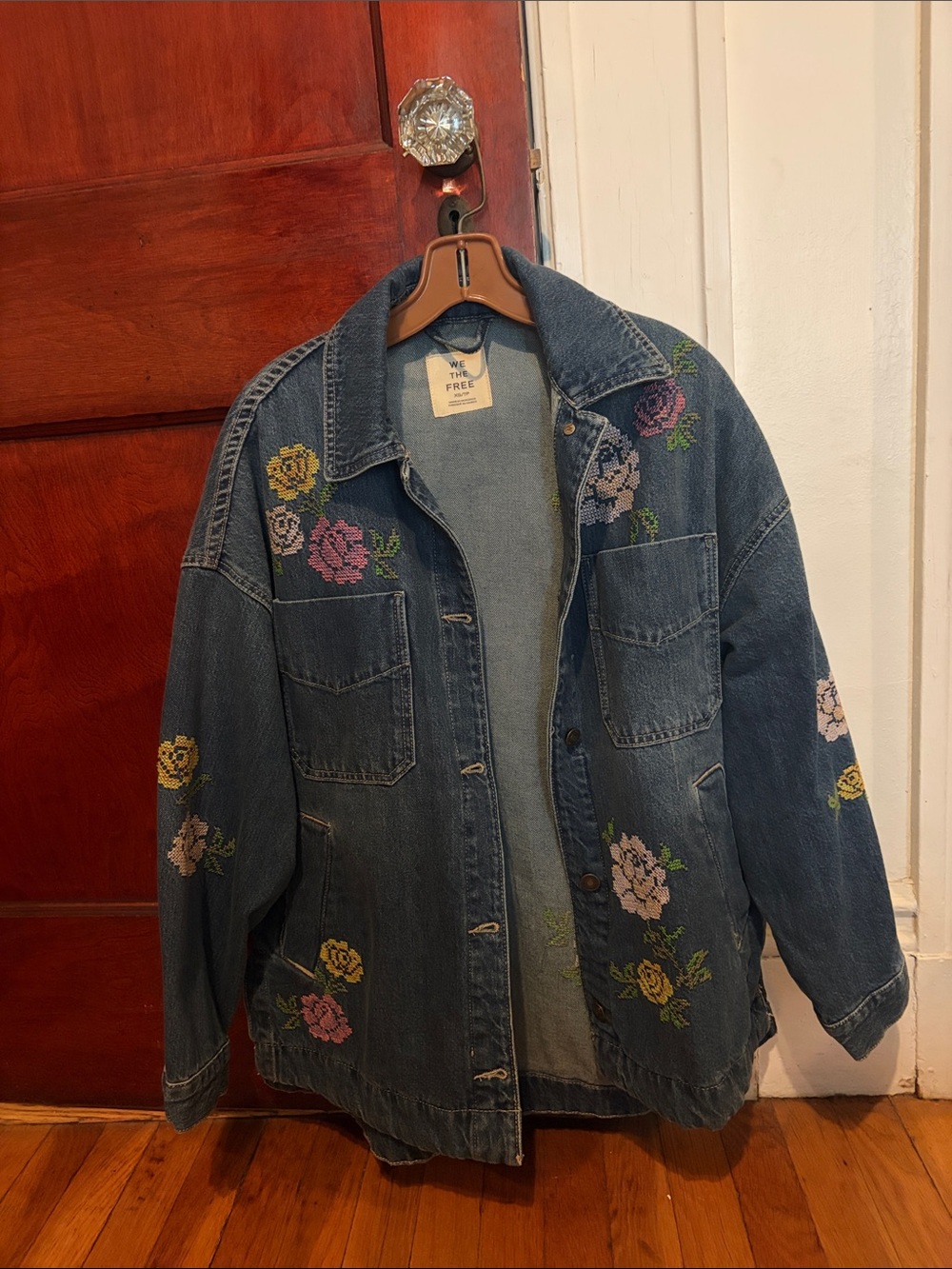 Free People Madison City Jean Floral Embroidered Chore Jacket